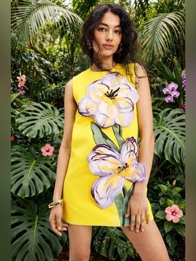 LEO LIN Yvonne Mini Dress Yellow Floral Shift Dress - size US 6